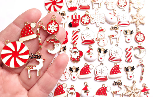 Red & White Christmas sweet Charm Mix - enamel craft charms
