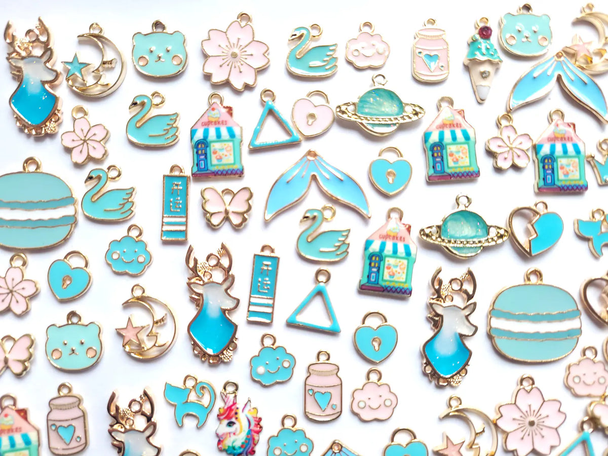 Blue enamel charms - jewellery making charms - Variety Pack - Ice cream, macaroon, flower charms