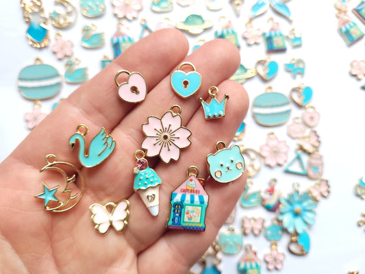 Blue enamel charms - jewellery making charms - Variety Pack - Ice cream, macaroon, flower charms