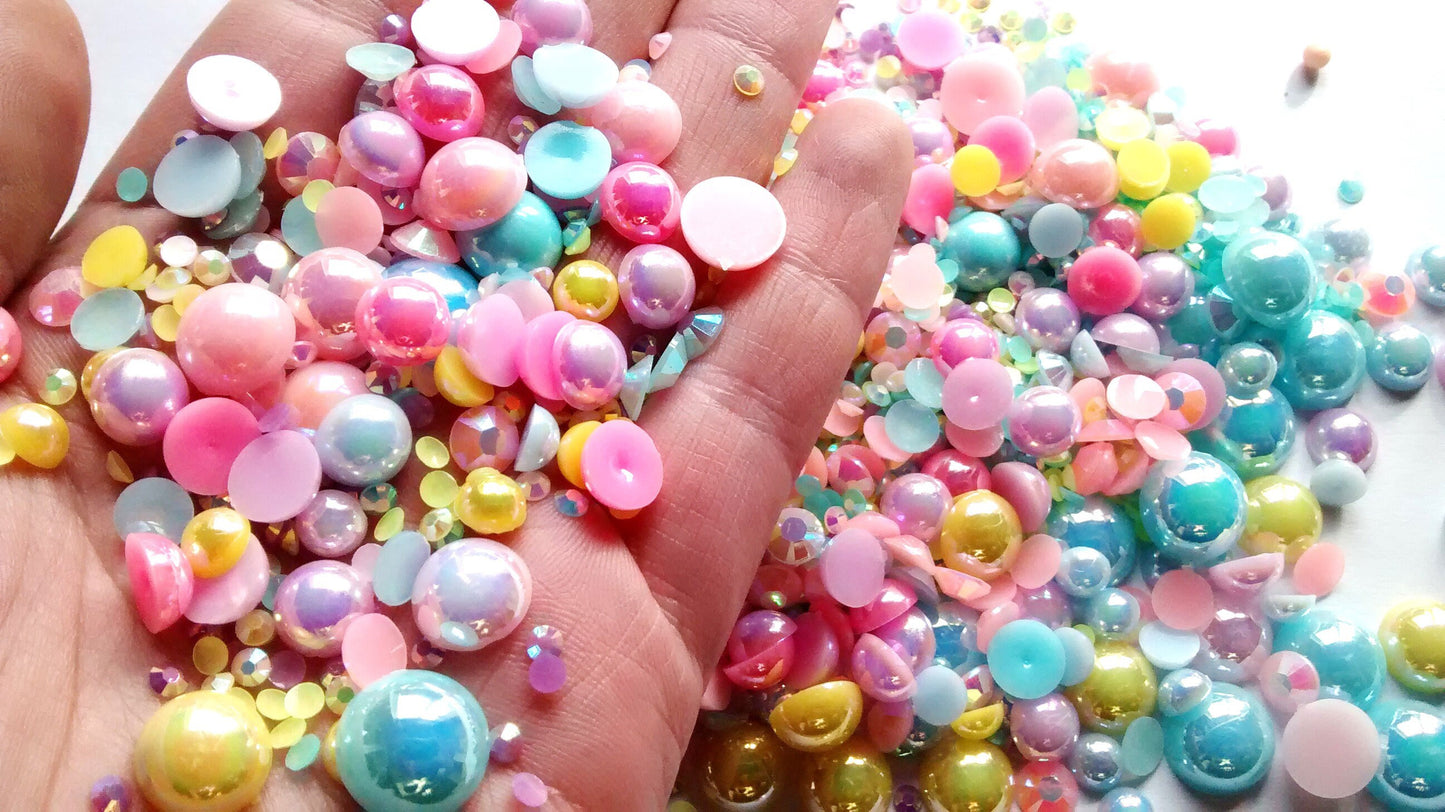 Choose amount, tropical kawaii half pearl and jelly rhinestone mix - sparkly deco crafts