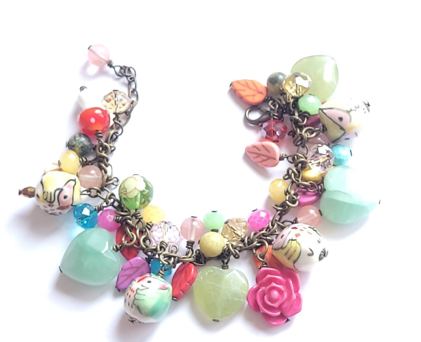 Antique Bronze Loaded Gemstone Charm Bracelet - Owls, Hearts & Everything Inbetween