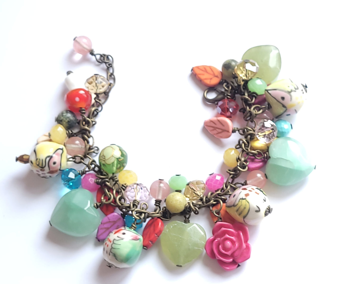 Antique Bronze Loaded Gemstone Charm Bracelet - Owls, Hearts & Everything Inbetween