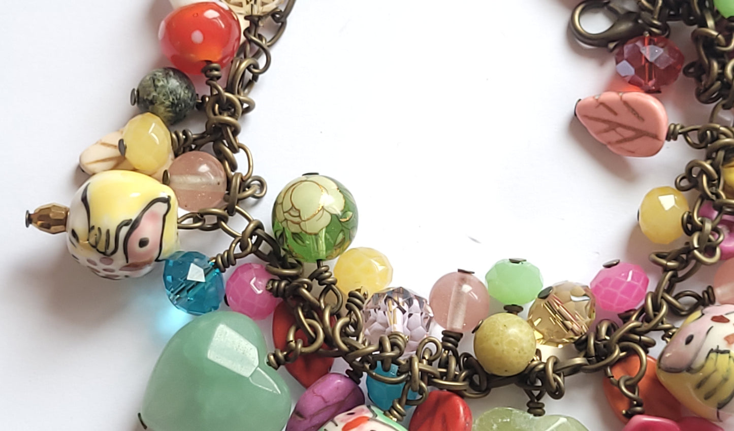 Antique Bronze Loaded Gemstone Charm Bracelet - Owls, Hearts & Everything Inbetween