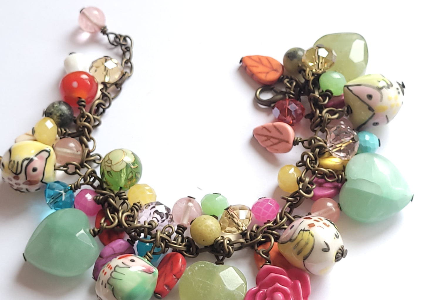 Antique Bronze Loaded Gemstone Charm Bracelet - Owls, Hearts & Everything Inbetween