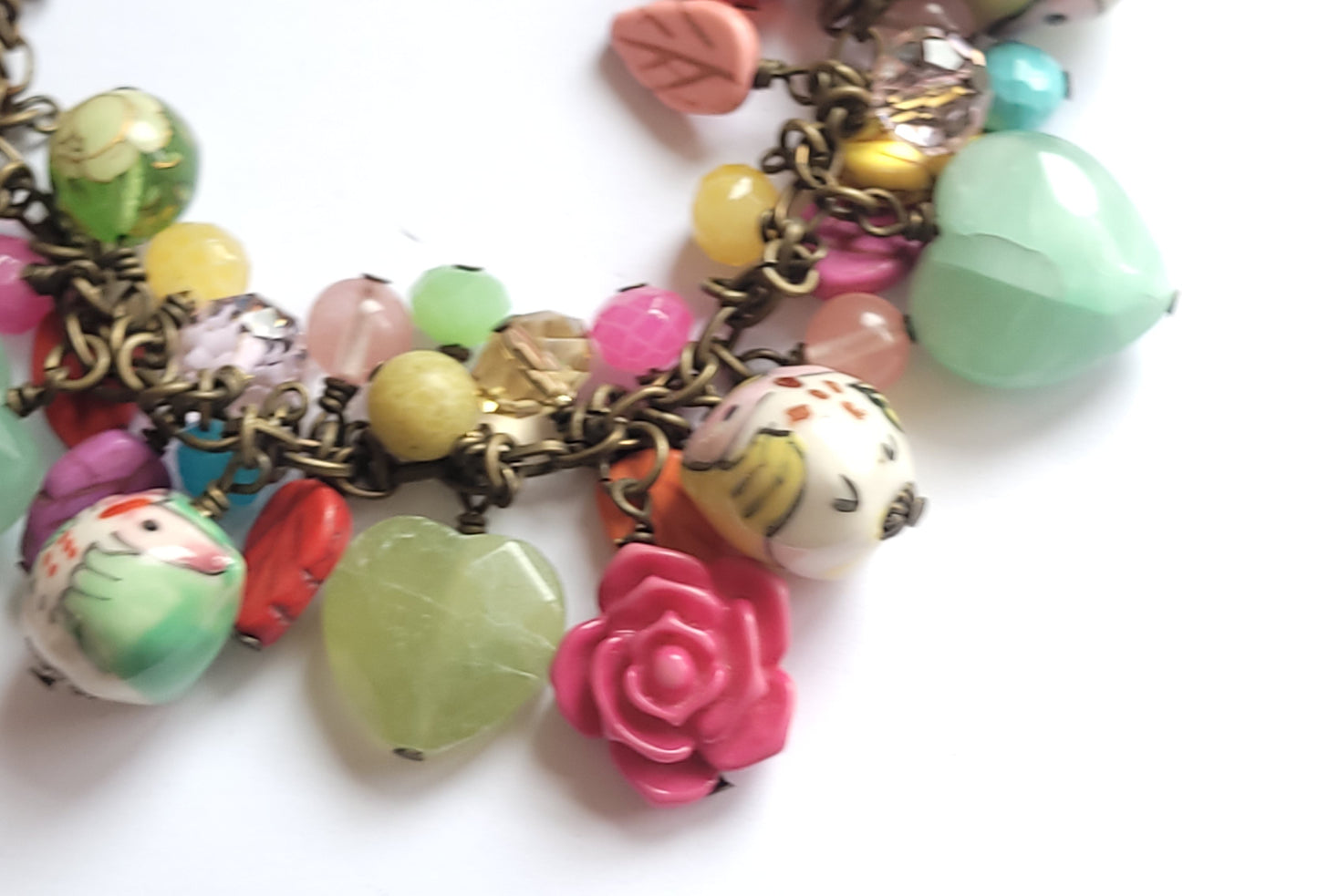 Antique Bronze Loaded Gemstone Charm Bracelet - Owls, Hearts & Everything Inbetween