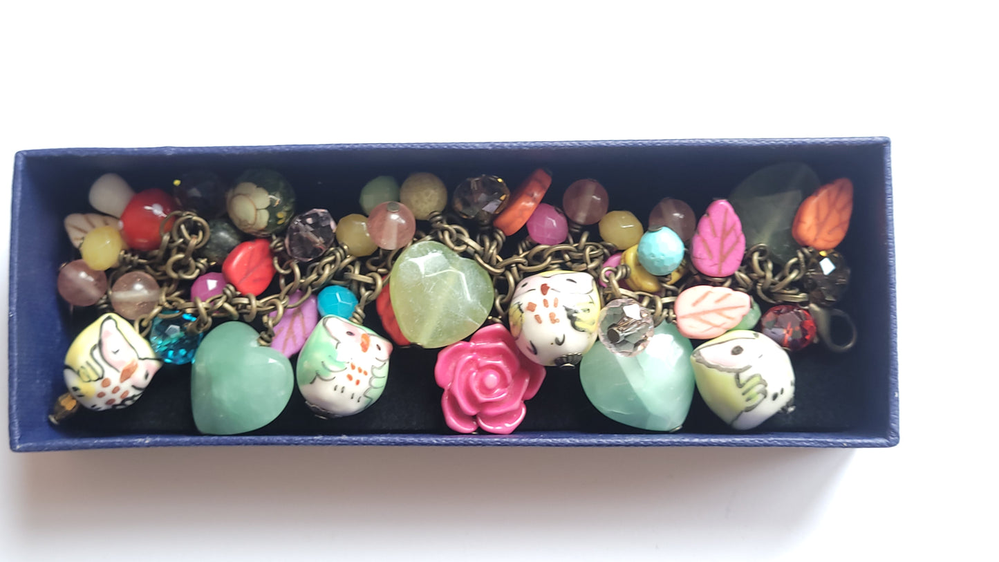 Antique Bronze Loaded Gemstone Charm Bracelet - Owls, Hearts & Everything Inbetween