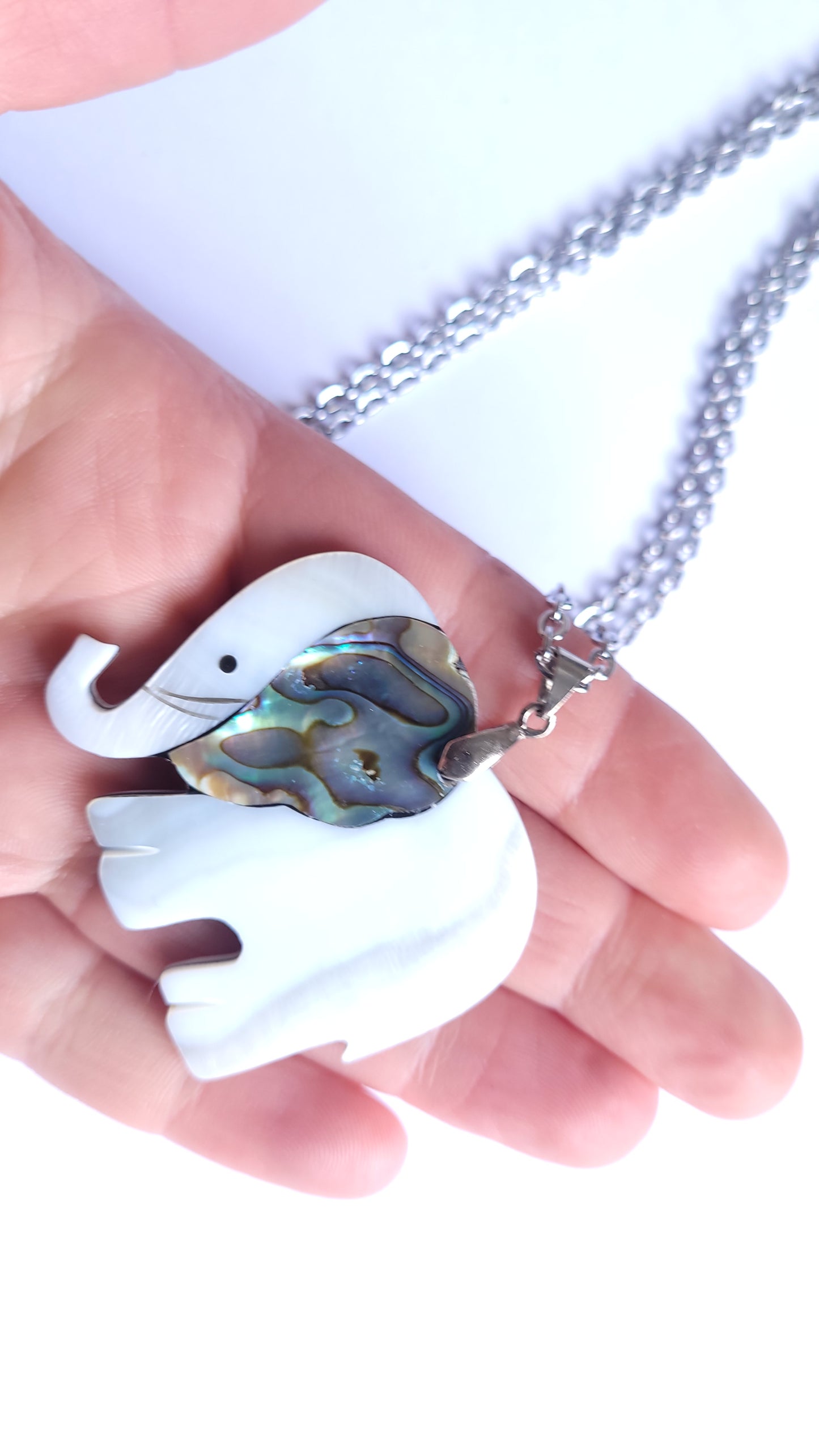 Mother of Pearl Large Elephant Necklace in Silver stainless steel