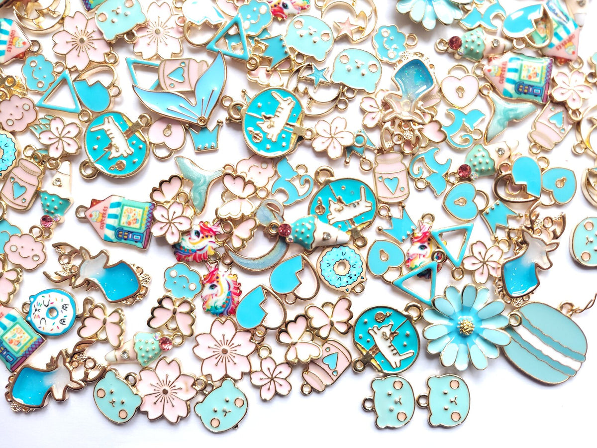 Blue enamel charms - jewellery making charms - Variety Pack - Ice cream, macaroon, flower charms
