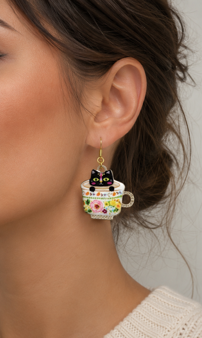 Black Cat earrings in Flower tea cup