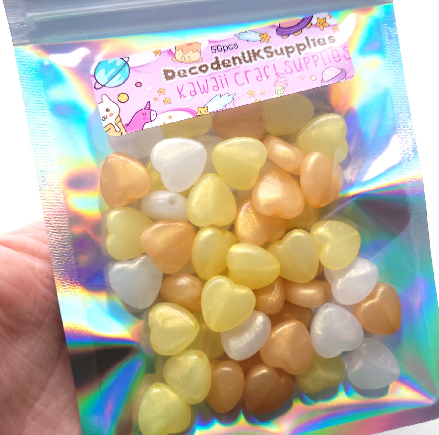 50pc Heart beads , 14mm , glitter pastel sunshine beads , irridescent shimmer beads