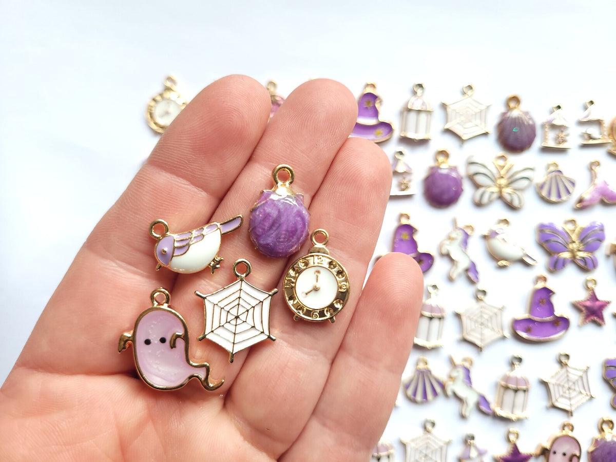 Purple enamel charms - jewellery making charms - Spider charms , Halloween