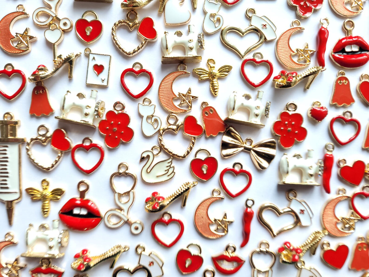 Red enamel charms - jewellery making charms - Variety Pack - Bows, Flowers, Ghosts, Medical