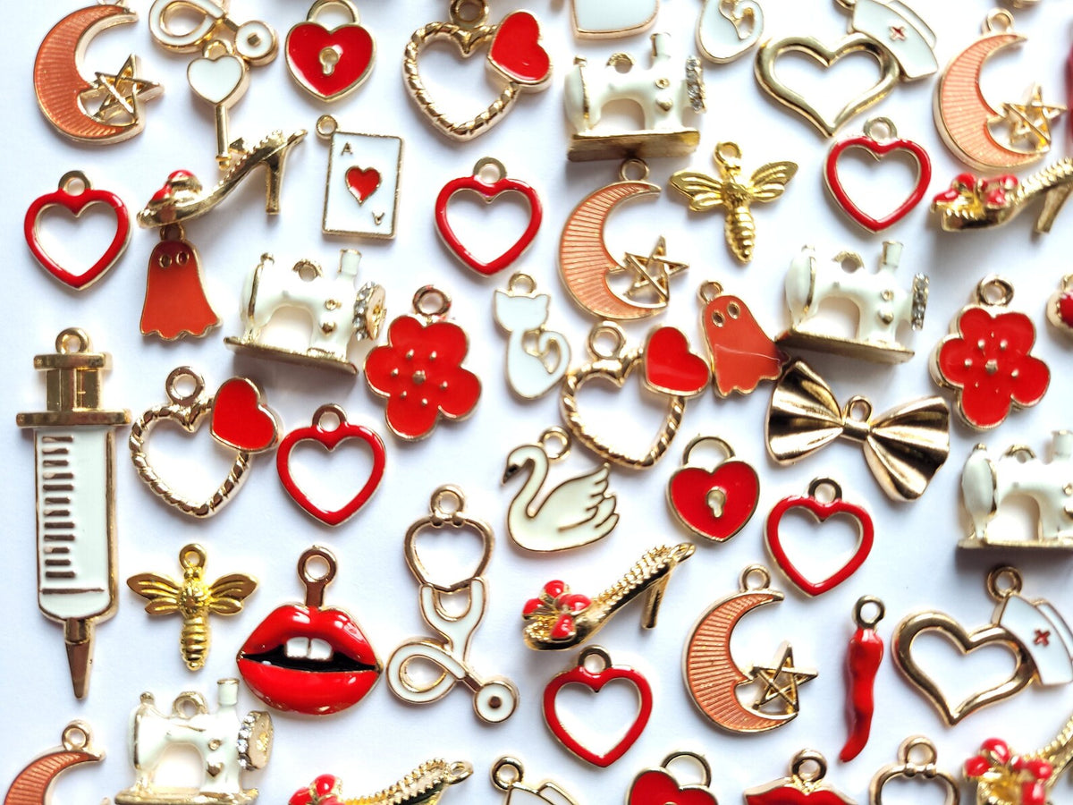 Red enamel charms - jewellery making charms - Variety Pack - Bows, Flowers, Ghosts, Medical